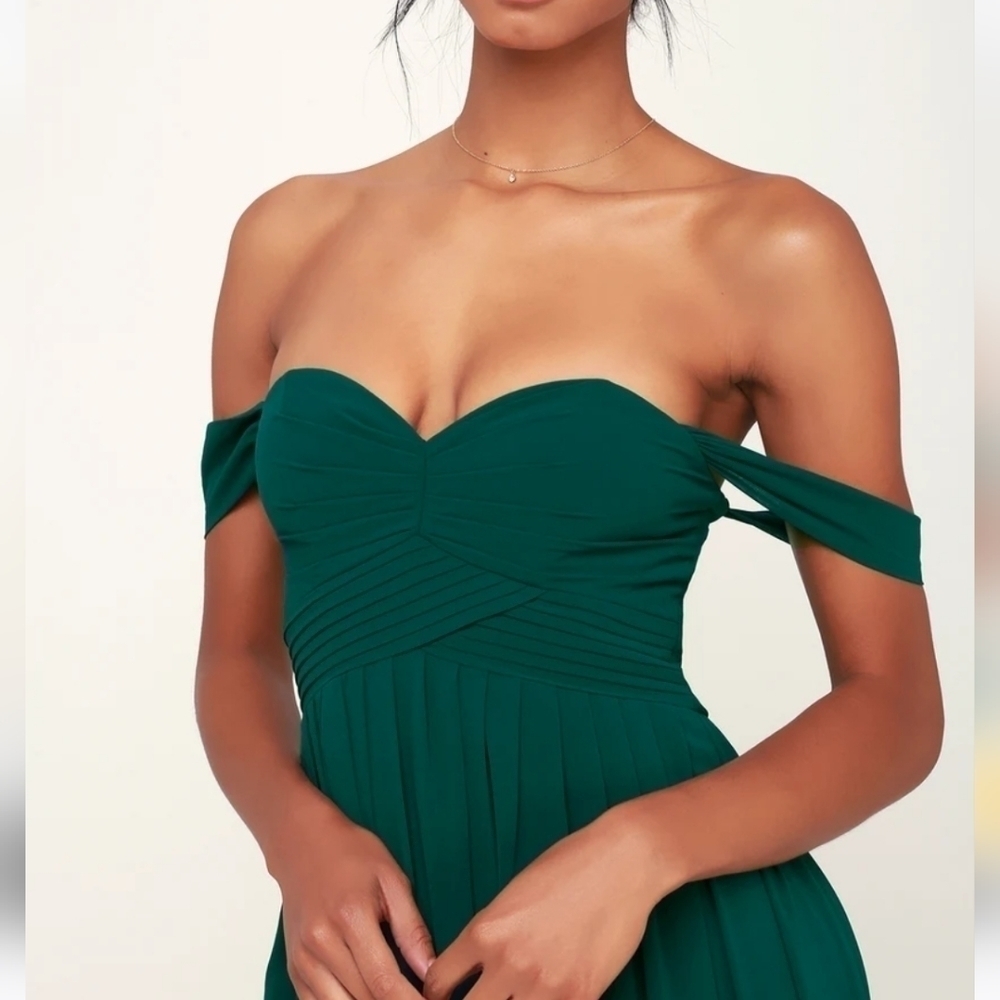 NWT Lulu's Harmonious Love Forest Green Off-the-Shoulder Maxi Dress Small - Picture 4 of 14